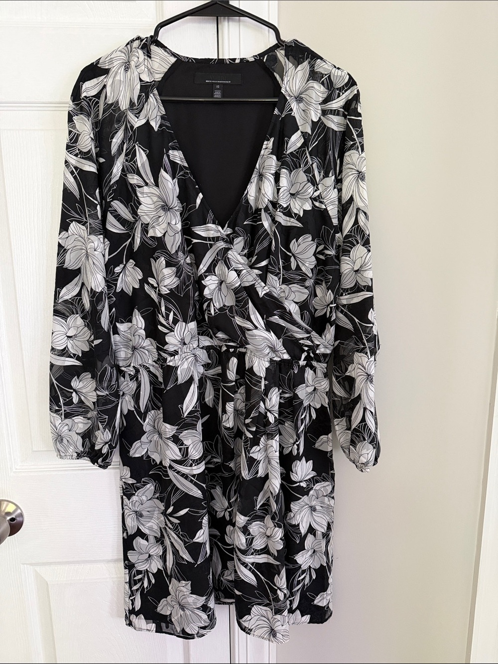 White House Black Market Black Blouse with White Floral Trim